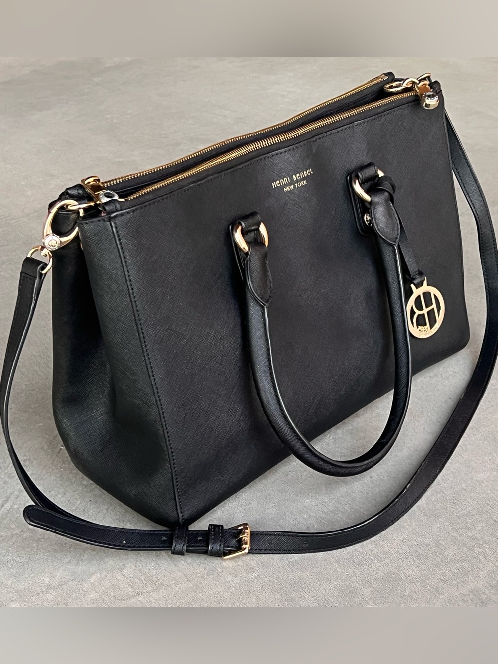Henri Bendel West 57th Satchel Black Saffiano Leather Crossbody Bag EUC